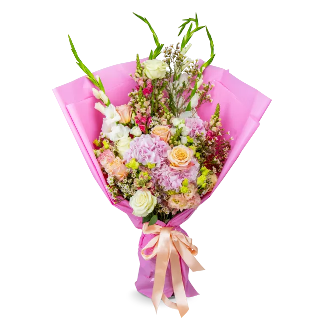 kytice hortenzií, růží a gladiol